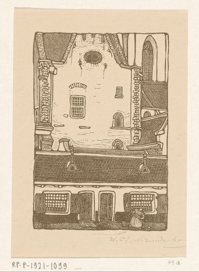 Huizen tegen de Sint-Bavokerk aan de Oude Groenmarkt in Haarlem St. Bavo, Haarlem door Wijnand Otto Jan Nieuwenkamp (signed by artist)