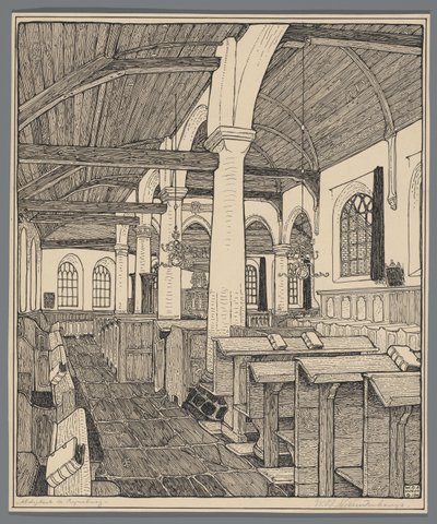Interieur van de Abdijkerk te Rijnsburg door Wijnand Otto Jan Nieuwenkamp (signed by artist)