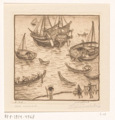 Schepen in een baai aan de oostkust van Lombok door Wijnand Otto Jan Nieuwenkamp (signed by artist)