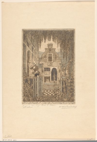 Vrouw in klederdracht die op een voordeur klopt in Edam door Wijnand Otto Jan Nieuwenkamp (signed by artist)