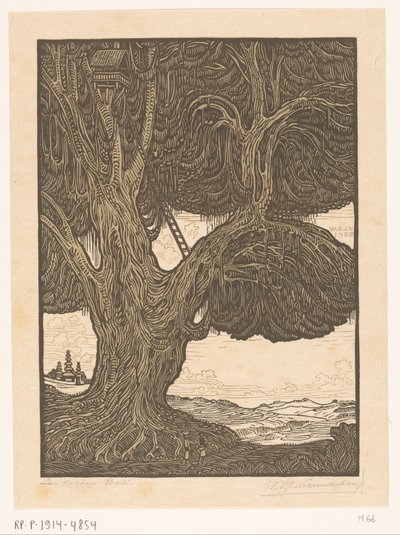 Waringin met boomhut in het zuiden van Bali door Wijnand Otto Jan Nieuwenkamp (signed by artist)
