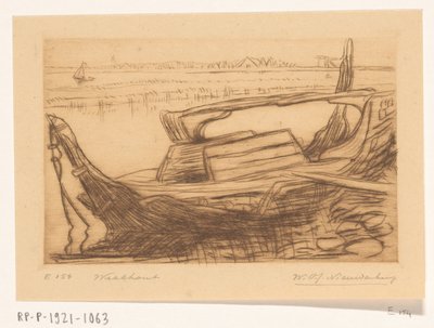 Wrak van een botter in de haven van Monnickendam door Wijnand Otto Jan Nieuwenkamp (signed by artist)