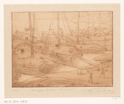 Afgemeerde schepen aan de oever van de Ganges in Benares door Wijnand Otto Jan Nieuwenkamp