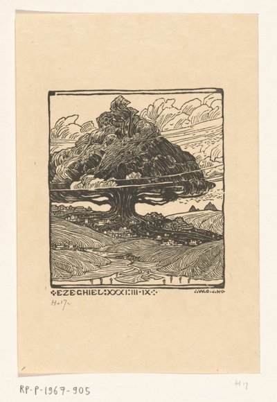 Steden onder een ceder in een berglandschap door Wijnand Otto Jan Nieuwenkamp