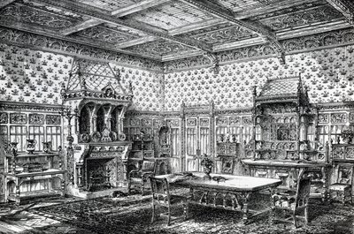 Ontwerp voor een Gotische Eetkamer, gepubliceerd in The House-Furnisher & Decorator, 1 september 1872 door Wilberforce Haddon