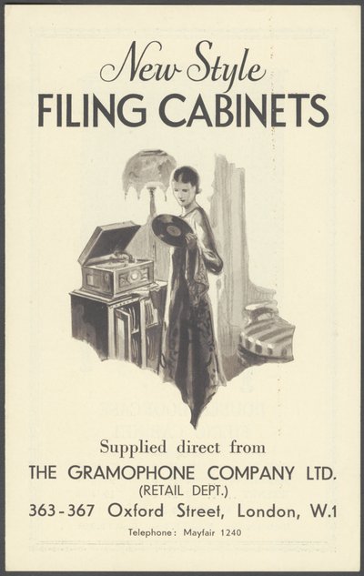 De Gramophone Company Archiefkasten, 1920s door Wilfred Fryer, Curtis Advertising Agency