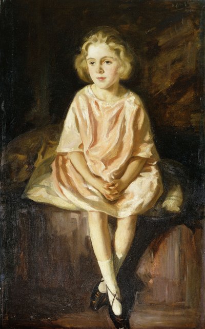Portret van Miss Vincent zittend in een roze jurk door Wilfred Gabriel de Glehn