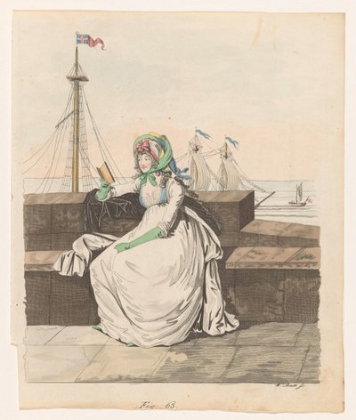 Lezende vrouw op een kade, zeilschepen in de achtergrond door Wilhelm Arndt