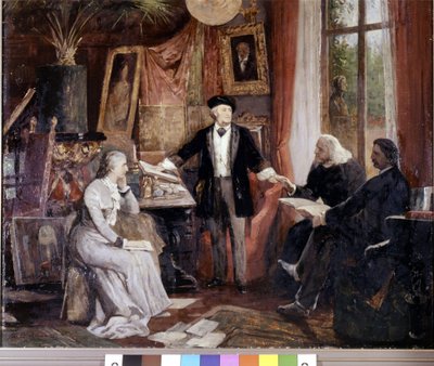 Van links naar rechts: Cosima Wagner, Richard Wagner, Franz Liszt en Walsogen bij Villa Wahfried in Bayreuth. Schilderij door Beckmann door Wilhelm Beckmann