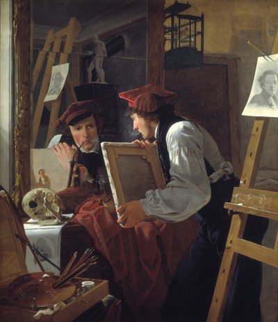 Een jonge kunstenaar (Ditlev Blunck) bekijkt een schets in een spiegel door Wilhelm Bendz