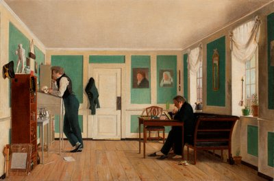 Interieur van Amaliegade. Kapitein Carl Ludvig Bendz staand en Dr. Jacob Christian Bendz zittend door Wilhelm Bendz