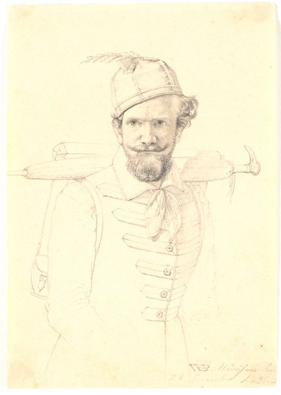 Zelfportret met rugzak door Wilhelm Bendz