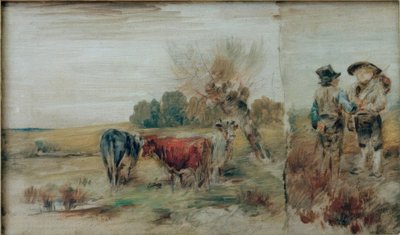 Dubbelbeeld: Koeien in de wei, twee boeren in gesprek door Wilhelm Busch