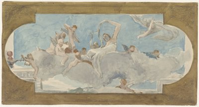 Plafondschildering met figuren gezeten op wolken door Wilhelm Cornelis Bauer