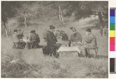 Jachtpartij - Keizer Franz Joseph aan tafel met prins Leopold van Beieren en groothertog Ferdinand IV van Toscane door Wilhelm Gause