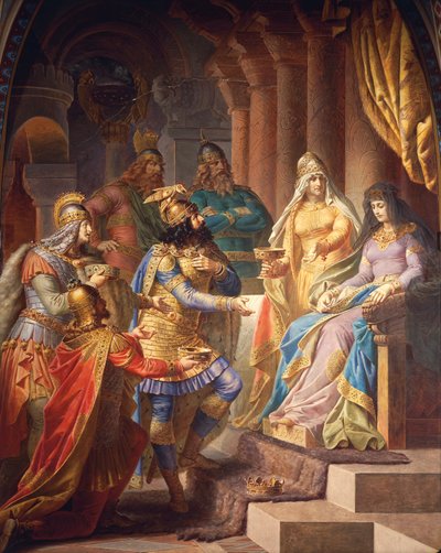 Gudrun stemt toe om te trouwen met Attila, koning van de Hunnen, uit de Gudrun Saga, Bovenhal, ca. 1883-84 door Wilhelm Hauschild