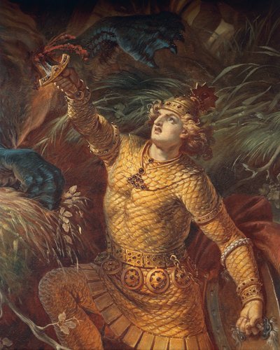 Sigurd doodt de draak Fafuir met het Gram zwaard, detail, uit de Sigurd Saga, Lower Hall, c.1882-83 door Wilhelm Hauschild