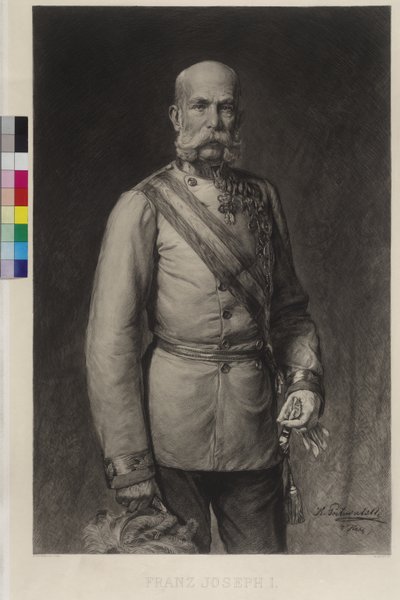 Franz Joseph I in gala-uniform van een veldmaarschalk, de gala-hoed in de hand door Wilhelm Hecht