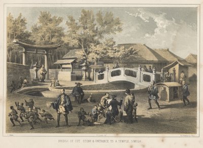 Brug van gehouwen steen en ingang naar een tempel, Simoda, 1855 door Wilhelm Joseph Heine
