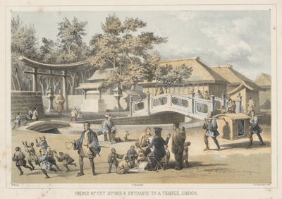 Brug van gehouwen steen en ingang van een tempel, Simoda, 1855 door Wilhelm Joseph Heine