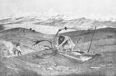 Prehistorie: rendierjacht in een Morainisch landschap van Zwaben hoger dan de laatste ijstijd; geschilderd door W. Kranz naar een schets van professor Klaatsh door Wilhelm Kranz