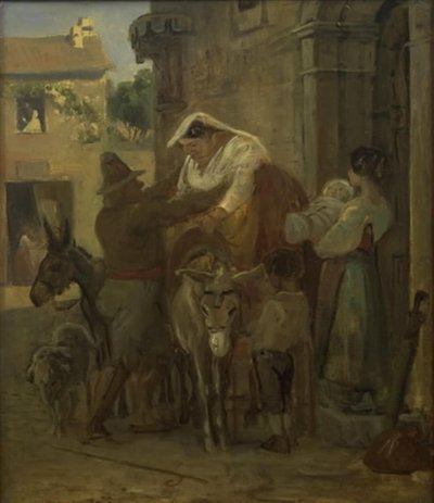 Een forse Romeinse vrouw wordt geholpen op een ezel door Wilhelm Marstrand
