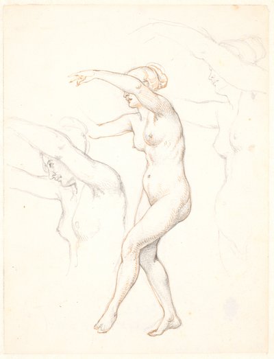 Blad met drie studies van naakte dansende vrouw door Wilhelm Marstrand