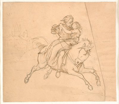 De Ontvoering. Rijdend paar, op de achtergrond kasteel of slot door Wilhelm Marstrand