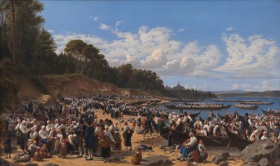 Kerkgangers arriveren per boot bij de parochiekerk van Leksand aan het Siljanmeer, Zweden door Wilhelm Marstrand
