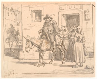 Don Quichot en Sancho Panza verlaten de herberg door Wilhelm Marstrand