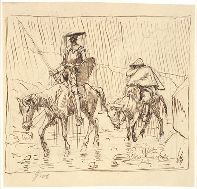 Don Quichot en Sancho Panza rijden in de regen door Wilhelm Marstrand
