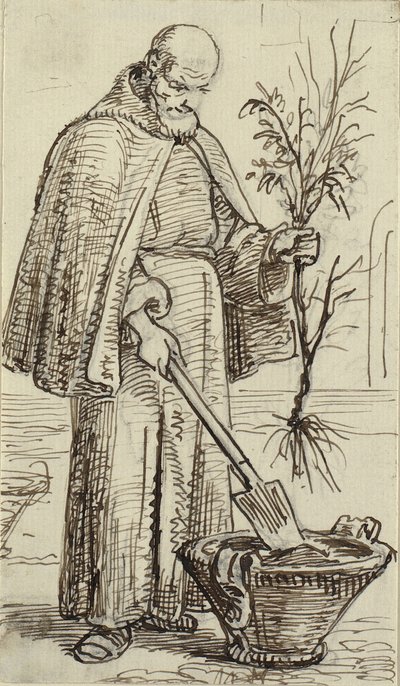 Een monnik plant een boom door Wilhelm Marstrand