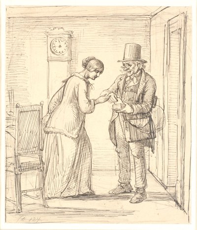 Een jonge dame ontvangt een brief van de postbode door Wilhelm Marstrand