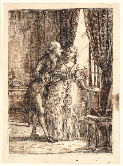 Een jong echtpaar. Kroonprins Frederik (Frederik V) eet kersen met kroonprinses Louise op Charlottenborg door Wilhelm Marstrand
