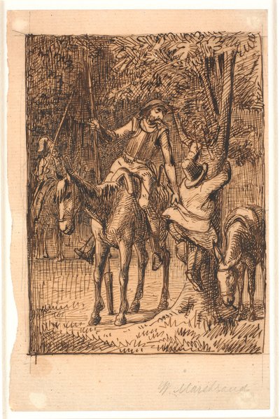 Voor het gevecht met de spiegelridder helpt Don Quichot Sancho Panza in een boom door Wilhelm Marstrand