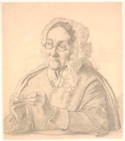 Oude dame die een naald inrijgt door Wilhelm Marstrand