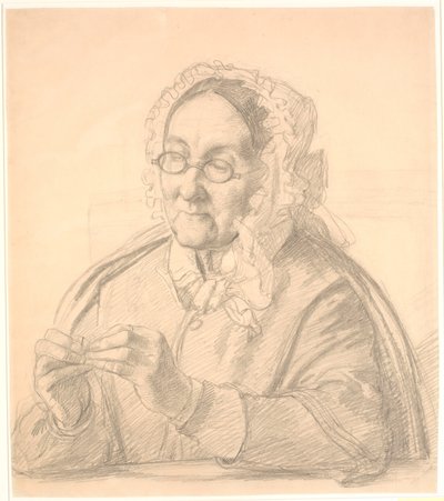 Oude dame die een naald inrijgt door Wilhelm Marstrand