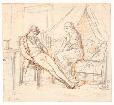 Interieur met sombere jonge man en een meisje op een bed door Wilhelm Marstrand