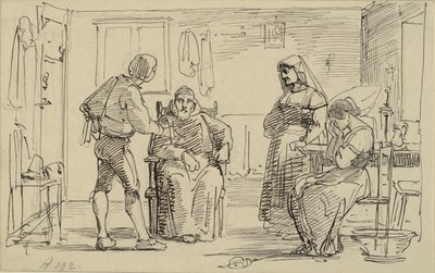 Interieur waar een jonge man iets uitlegt aan een zittende monnik, rechts huilend meisje en oude vrouw door Wilhelm Marstrand