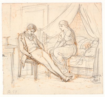 Interieur met sombere jonge man en een meisje op een bed door Wilhelm Marstrand