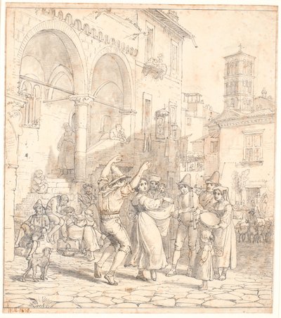 Italiaanse straatmuzikanten op een plein door Wilhelm Marstrand