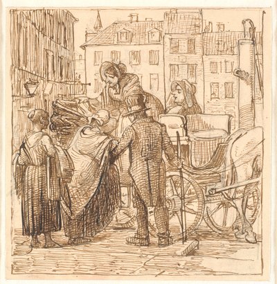 Dames stappen in een koets op Hanserplein door Wilhelm Marstrand