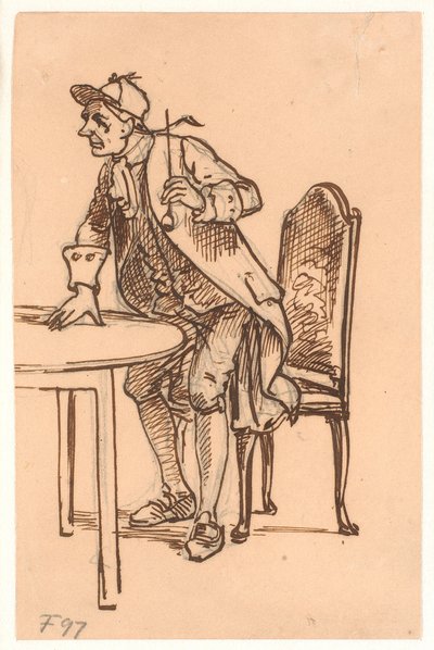 Man met pet en pijp staat op (discussie?) aan een tafel door Wilhelm Marstrand