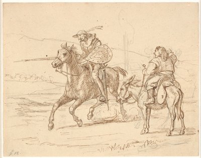 Terwijl Sancho toekijkt, gaat Don Quichot in de aanval door Wilhelm Marstrand