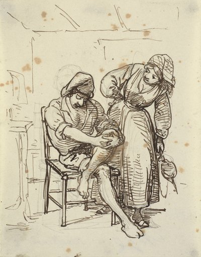 Meisje kijkt naar een jonge visser die op een stoel zit door Wilhelm Marstrand