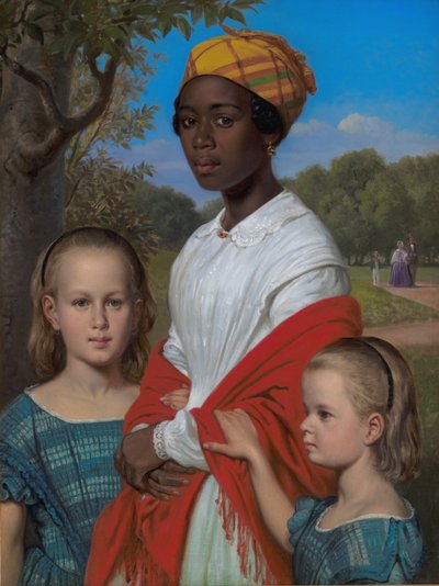 Portret van Otto Marstrands twee dochters en hun West-Indische nanny, Justina Antoine, in de Frederiksberg Tuinen bij Kopenhagen door Wilhelm Marstrand