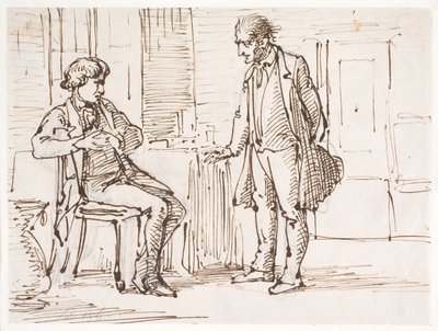 Gesprek tussen een zittende jongere en een staande oudere man door Wilhelm Marstrand