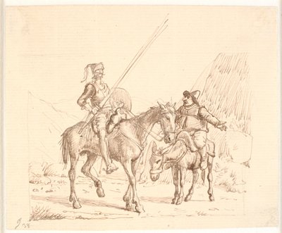 Sancho op de ezel legt Don Quichot iets uit door Wilhelm Marstrand