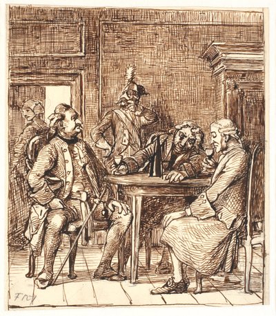 Scène uit de kraamkamer. Corfitz drinkt Rijnwijn met de officier en Jens Olsen door Wilhelm Marstrand