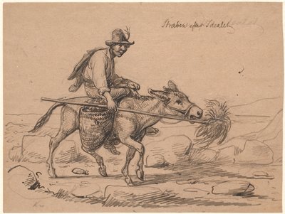 Streven naar het ideaal. Italiaanse ezelrijder drijft het dier voort door een bos hooi op een stok voor zijn neus te houden door Wilhelm Marstrand